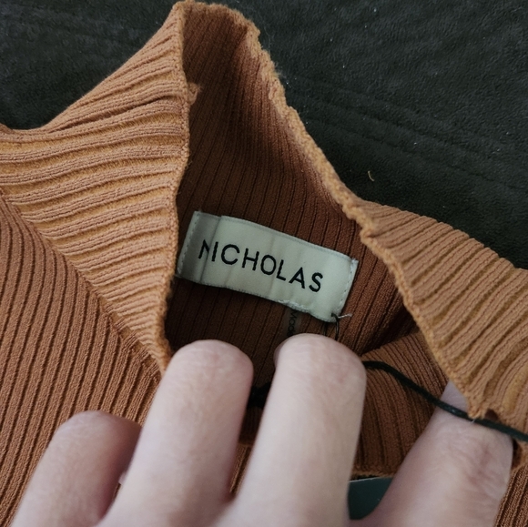 Nicholas Juliet Rib Knit Long Sleeve Cropped Funnel Neck Top in Caramel - Picture 5 of 12